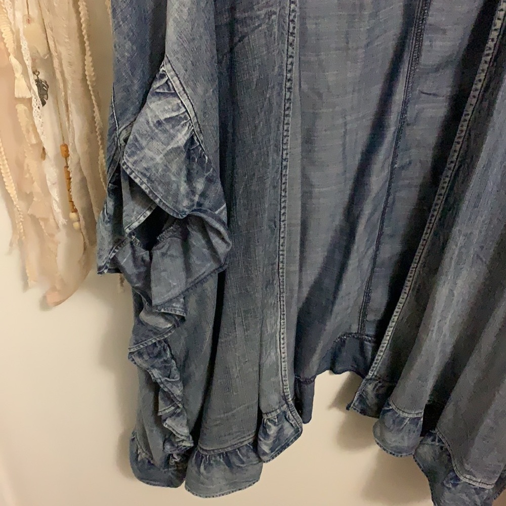 easel Washed Denim Blue Ruffle Open Front Kimono - Picture 3 of 4